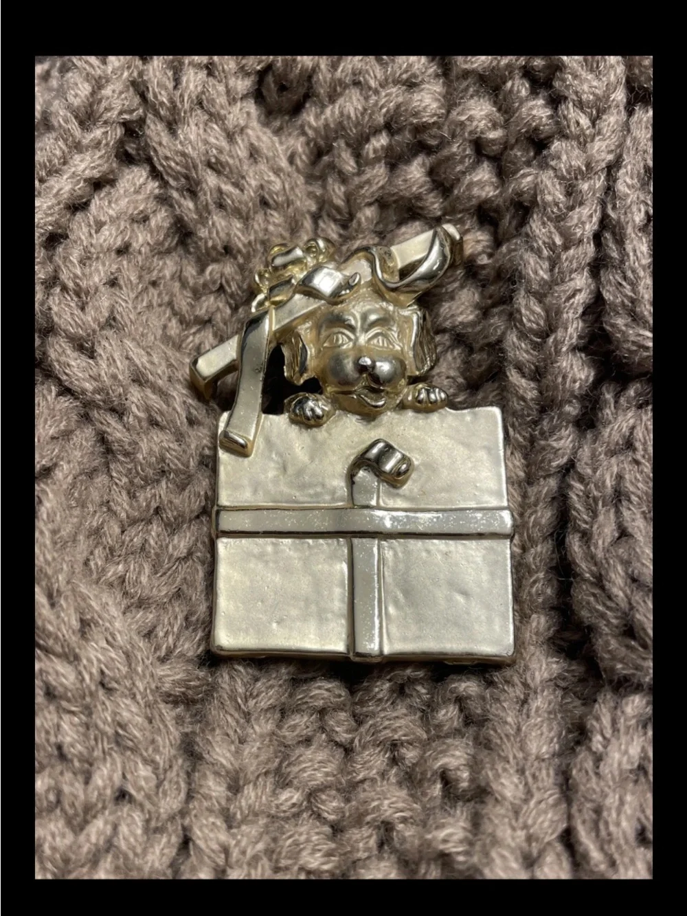 Vintage AJC Gold Tone Christmas Puppy Peeking Out of Present Brooch Pin